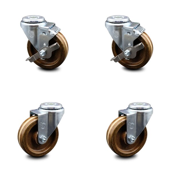 4 Inch High Temp Phenolic Wheel Swivel Bolt Hole Caster Set with 2 Brake SCC